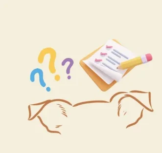 Ein Hundekopf mit Fragezeichen und einem Notizblock mit einer Liste.